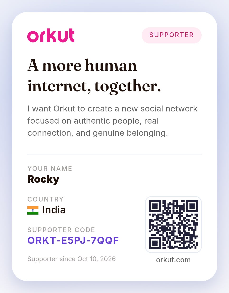 Arvind Rocky's Orkut supporter card, India, supporter code ORKT-E5PJ-7QQF, dated October 10, 2026
